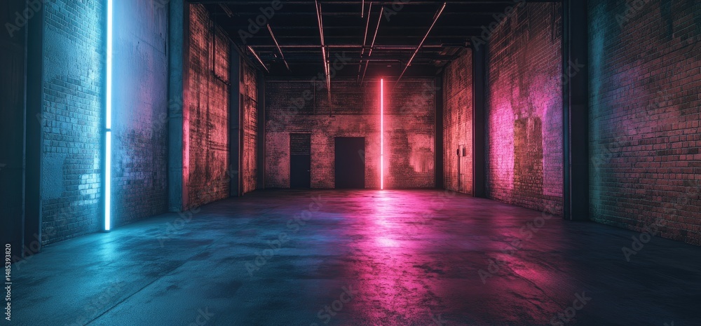Neon-lit grunge warehouse interior Neon-lit grunge warehouse interior