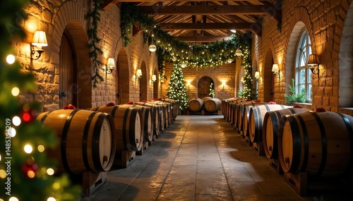A festive holiday scene at a winery, featuring decorated vines and barrels , rustic, ice, festive