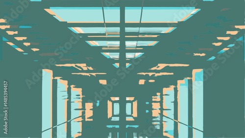 A stylized view of an interior space with geometric shapes and teal and peach color palette design element