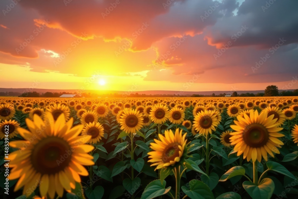 Obraz premium Blazing sunset casts long shadows across a vast sunflower field , countryside, summer
