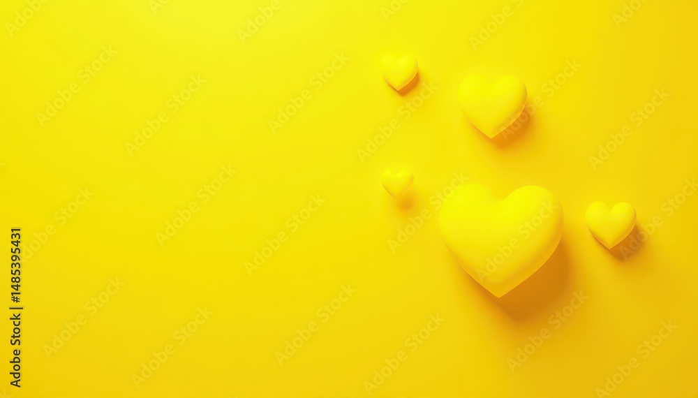 Obraz premium Scattered yellow hearts on a yellow background, subtle texture, wallpaper, romantic, yellow background