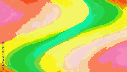 Abstract painting featuring wavy bands of green yellow pink and orange colors in a watercolor style