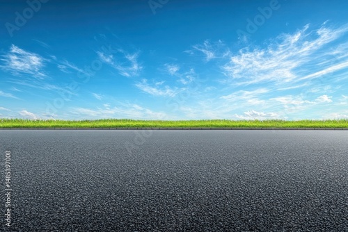 Clear blue sky with wispy clouds above green grass and empty textured asphalt road in bright daylight