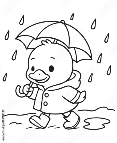 Coloring book duckling in a raincoat and boots walks in the rain under an umbrella