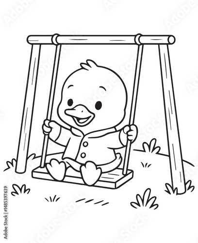 Coloring book duck in pajamas enjoys swinging on a backyard swing.