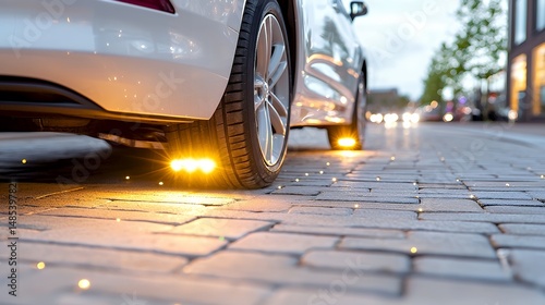 Car with Warning Lights on Street