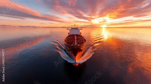 Cargo Ship Sailing at Sunset