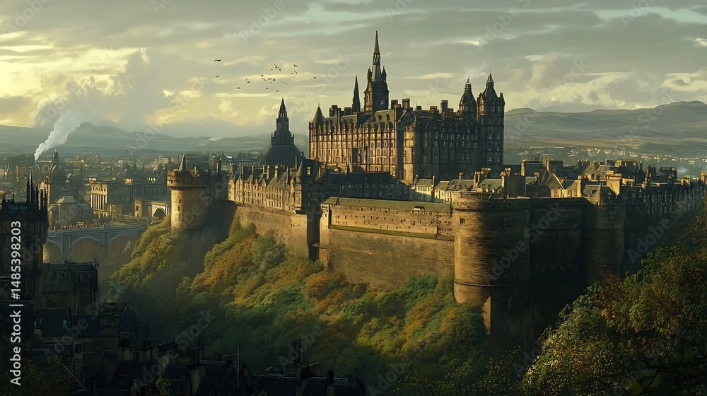 Naklejka premium Majestic Castle on Hilltop: A Serene Autumnal Landscape Painting