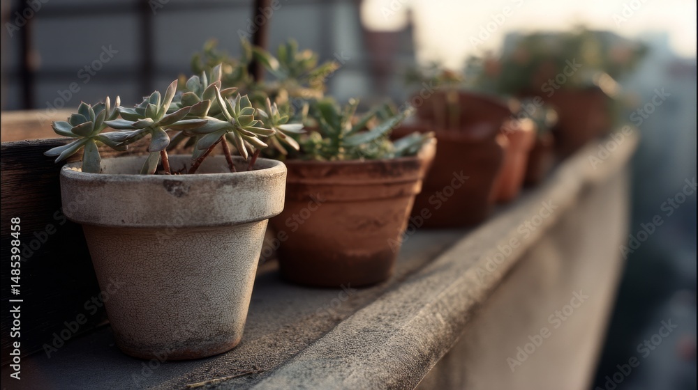 Potted plants line a rooftop, basking in warm sunlight, representing vibrant urban gardening and everyday environmental harmony. Potted plants line a rooftop, basking in warm sunlight, representing vibrant urban gardening and everyday environmental harmony.