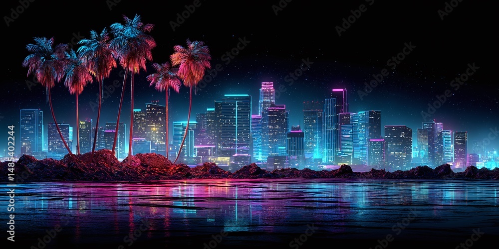 Fototapeta premium Neon Miami Nights: Double Exposure of Cityscape and Tropical Palms