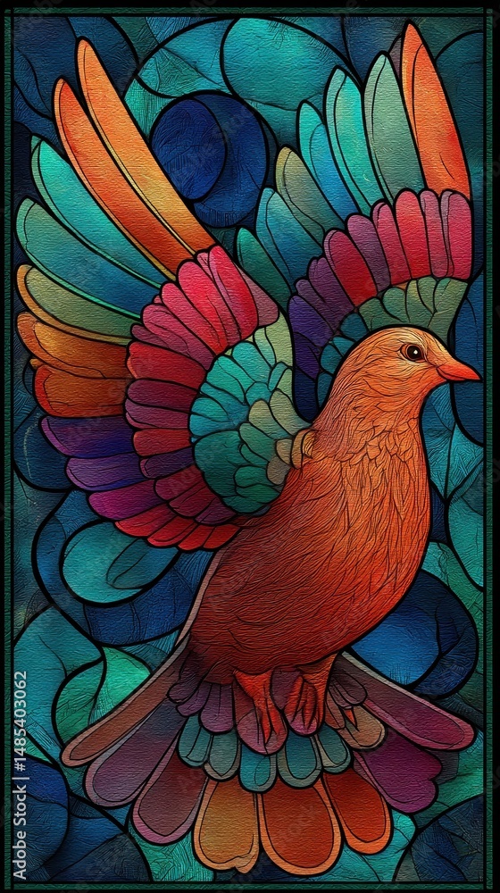 Naklejka premium Vibrant multicolored bird in stained glass style.