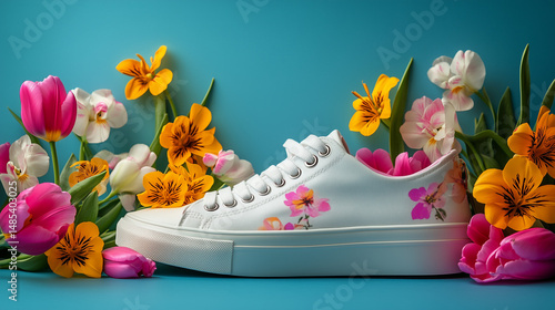 Stylish Floral Sneakers with Spring Flowers on Blue Background photo