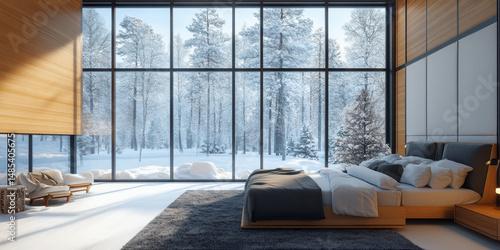 Winter Wonderland Bedroom: Wake up to breathtaking winter views from this luxurious bedroom, featuring floor-to-ceiling windows showcasing a snow-covered forest.