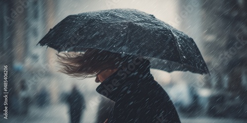 Person wearing raincoat withstanding strong wind and heavy rain in a city street. Extreme weather conditions.