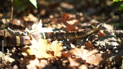 Vibrant Coral Snake Slithering Through Fallen Leaves – Sunlit Stripes on Lush Forest Floor