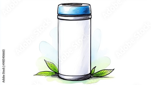 Wallpaper Mural White Cylindrical Container with Blue Lid and Green Leaves Torontodigital.ca