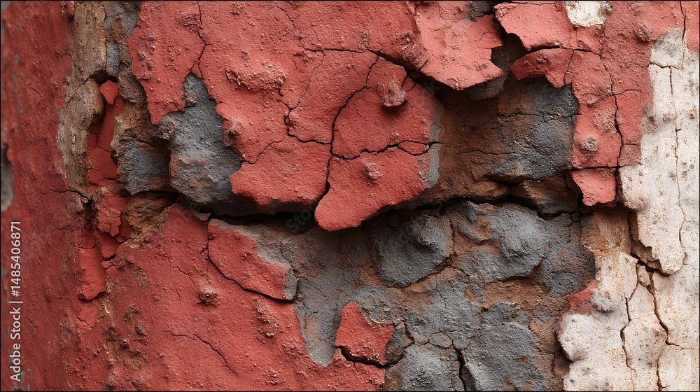 Fototapeta premium A detailed close-up reveals cracked and peeling red and gray paint on a weathered surface texture.