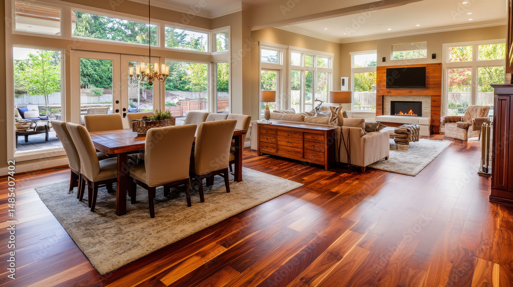 Luxe Home Interior: A spacious and luminous living space, showcasing a blend of sophistication and comfort with its exquisite hardwood flooring, modern furniture, and a stunning view of the outdoors. Luxe Home Interior: A spacious and luminous living space, showcasing a blend of sophistication and comfort with its exquisite hardwood flooring, modern furniture, and a stunning view of the outdoors.