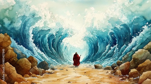 A stunning watercolor depiction of Moses parting the Red Sea.