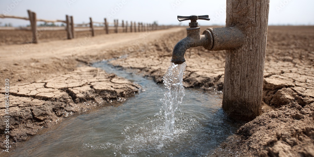 Fototapeta premium Water trickling from an irrigation well onto dry soil in a rural agricultural field, representing drought and water scarcity