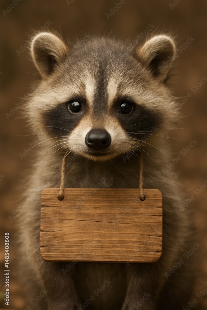 Obraz premium Adorable raccoon with wooden sign.
