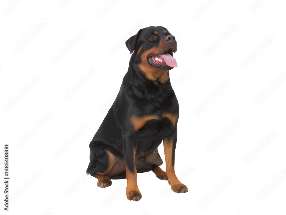 Robust Rottweiler with black and tan coat, tongue extended, isolated on transparent background Robust Rottweiler with black and tan coat, tongue extended, isolated on transparent background