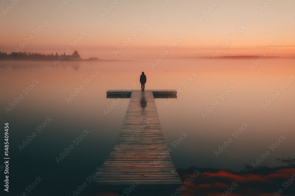 Obraz premium tranquil image of a hiker walking across a wooden boardwalk through a misty wetland area in japan,
