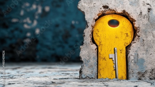 Yellow Key Embedded in Gray Stone Wall
