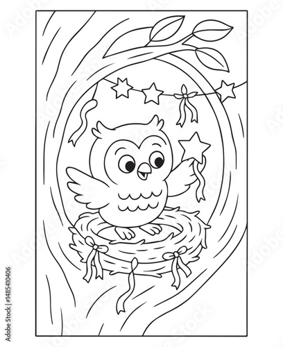 Coloring book owl decorates its nest in a tree hollow with stars and ribbons