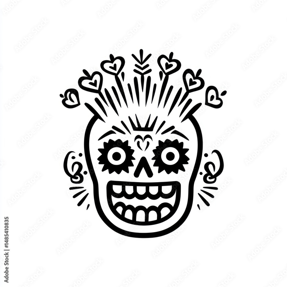 Fototapeta premium Smiling, stylized skull design with decorative elements.