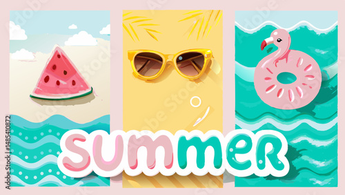 Illustration of summer themed images featuring a watermelon, sunglasses, and a flamingo floatie beach scene