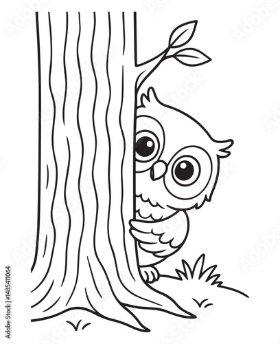 Coloring book owl peeks out from behind a large tree trunk. Line art coloring page education for kid 
