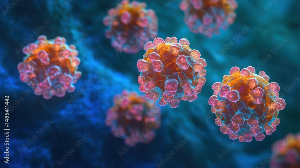 Naklejka premium Microscopic Virus Close-Up: A detailed microscopic view of several viruses, vibrant in orange and pink hues, against a deep blue background.
