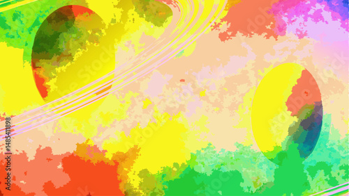 Abstract colorful painting with two oval shapes and textured brush strokes in yellow and other colors
