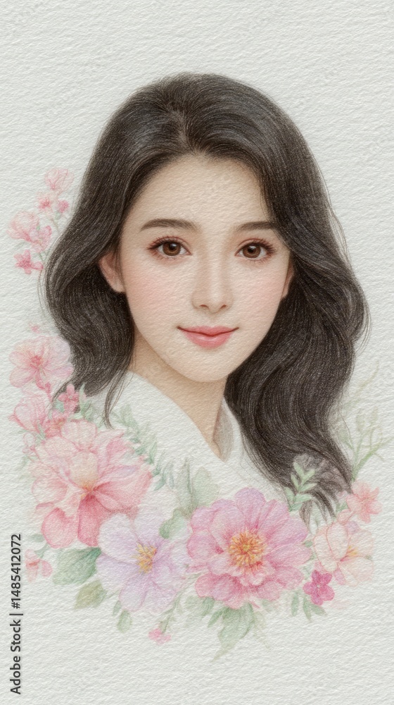 Soft Portrait of Young Woman with Pink and Purple Flowers Soft Portrait of Young Woman with Pink and Purple Flowers