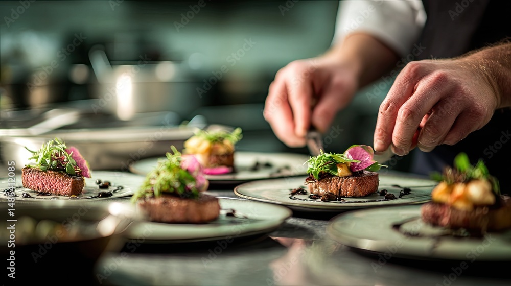 Chef's hands plating gourmet dishes in a modern kitchen, shallow depth of field, cinematic focus Chef's hands plating gourmet dishes in a modern kitchen, shallow depth of field, cinematic focus
