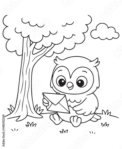 Coloring book owl sits under a tree holding a letter. Line art coloring page education for kid 