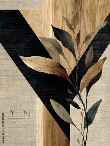 Abstract Composition with Plant: A stunning abstract composition combining organic elements and geometric shapes, featuring a delicate plant with elegant leaves, wood panel and fabric.