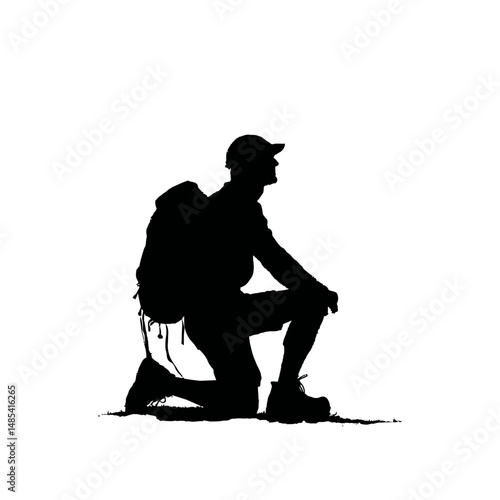 Solid black silhouette of a hiker resting