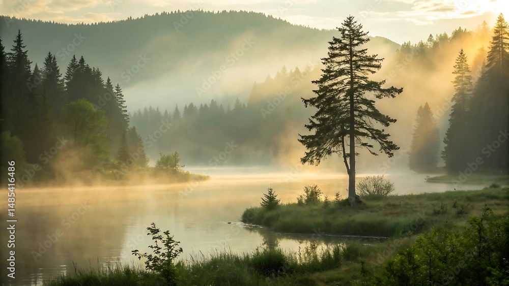 Fototapeta premium Serene Sunrise over Misty Lake in a Coniferous Forest