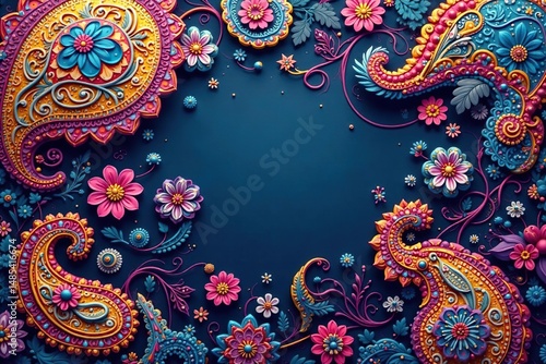 Vibrant paisley print featuring bold colors and flowing lines , geometric, vine, background