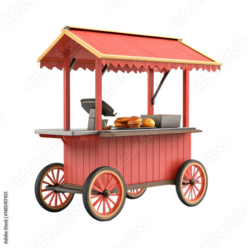 Digitally rendered, charming food cart, presented in a vivid color scheme, suggesting a quick-service restaurant.