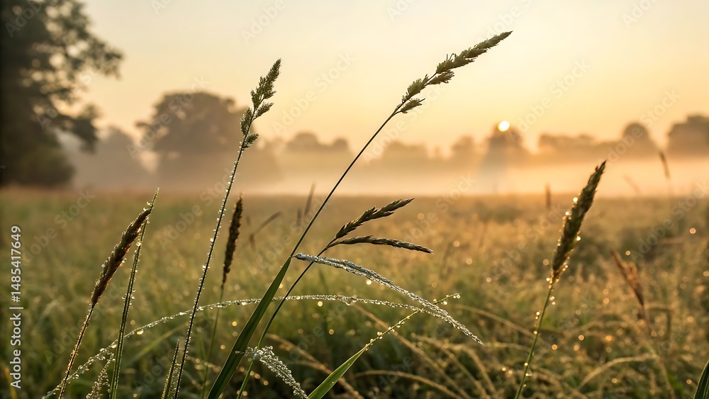 Obraz premium Dew Covered Grass Blades at Sunrise in a Misty Field
