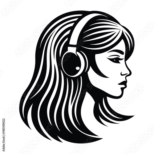 Silhouette of a girl with headphones, urban woman, vintage logo line art concept black and white color