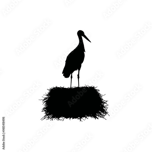 Solid black silhouette of a stork nesting