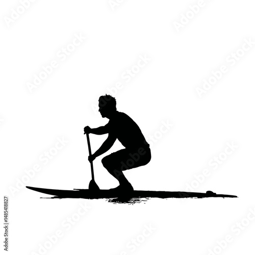Solid black silhouette of a surfer paddling