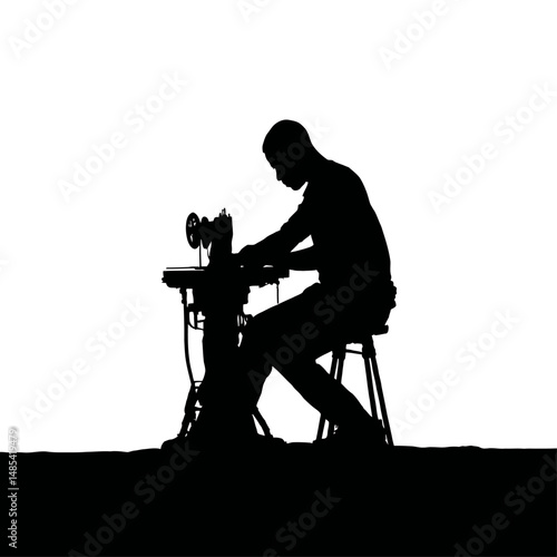 Solid black silhouette of a tailor sewing