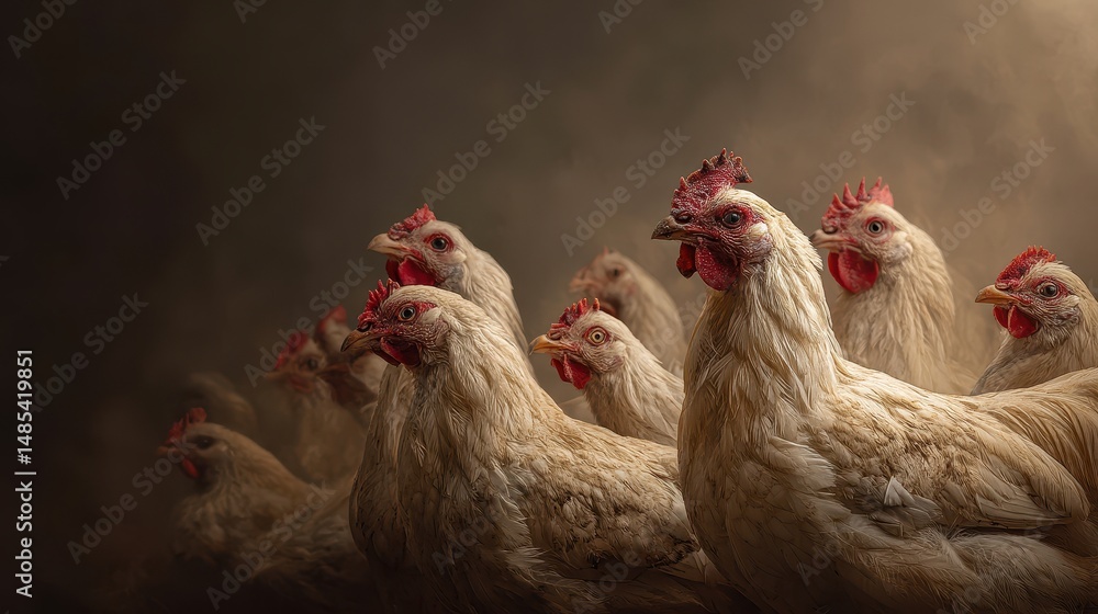 Fototapeta premium A group of light beige chickens in a close huddle.
