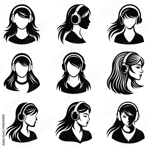Silhouette of a girl with headphones, urban woman, vintage logo line art concept black and white color