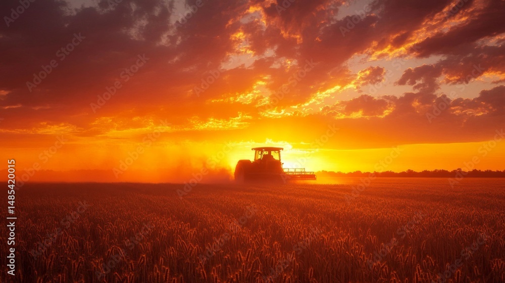 Fototapeta premium Silhouette of a Tractor Harvesting at Sunset